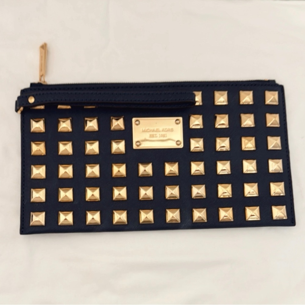 Michael Kors Navy and Gold Studded Clutch